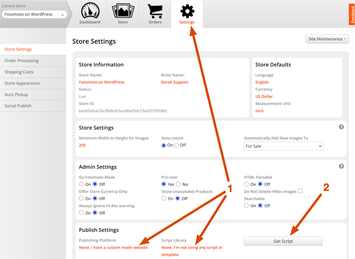 Screenshot of WordPress settings in the Fotomoto Dashboard