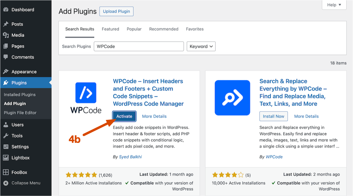 Screenshot showing the Activate WPCode plugin button
