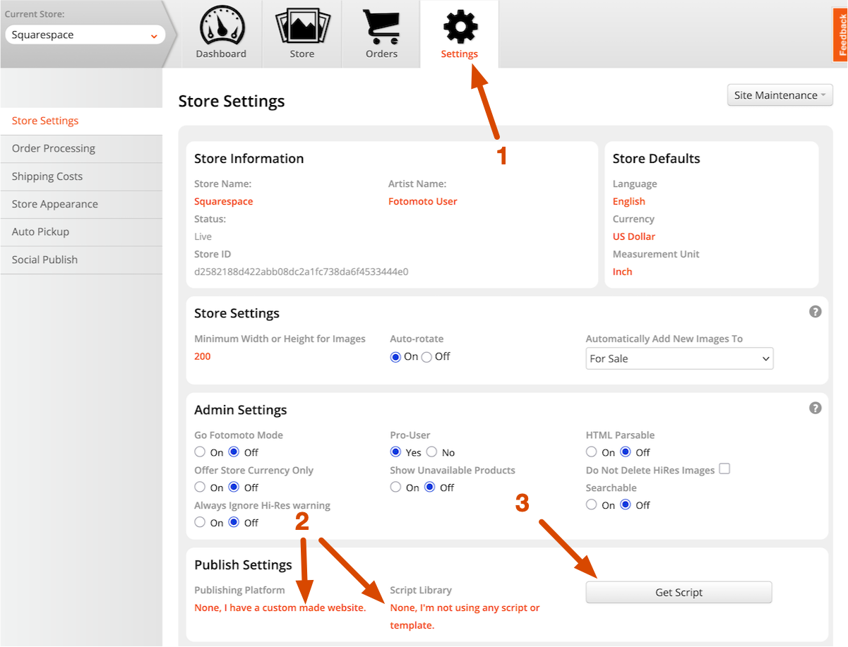 Fotomoto Dashboard Settings for Squarespace