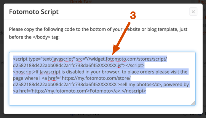Copy Fotomoto Script dialog box