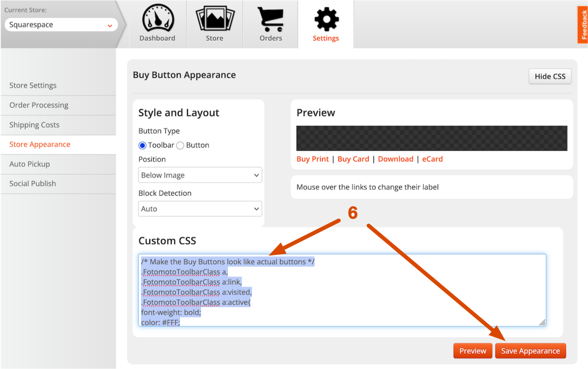 Squarespace custom CSS added in Store Appearance