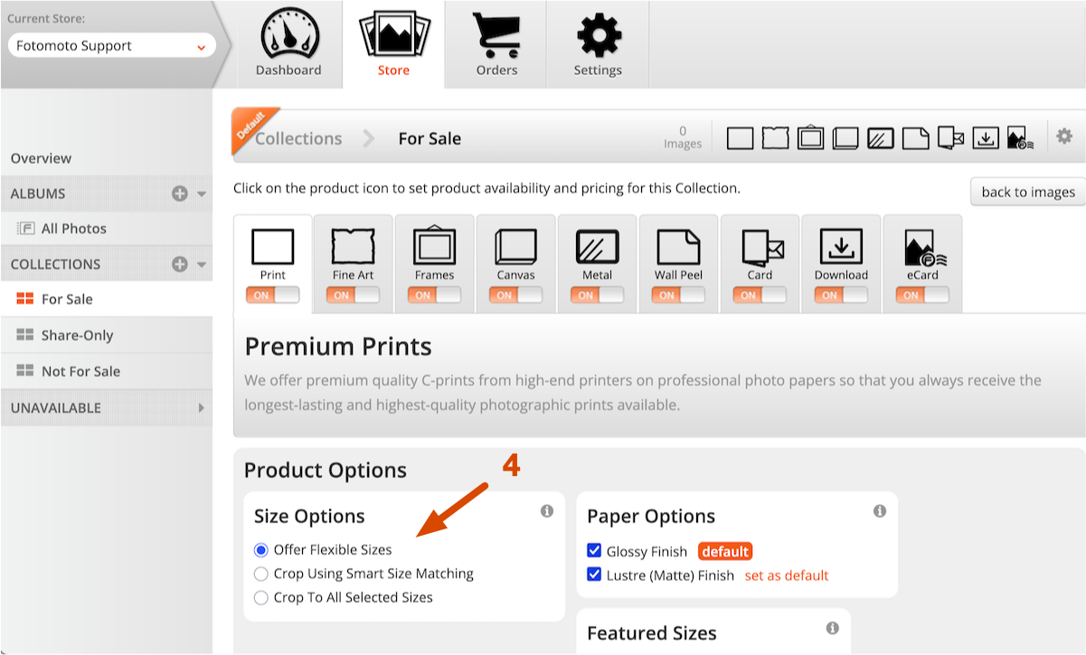 Select a Print Size Option in the Fotomoto Dashboard