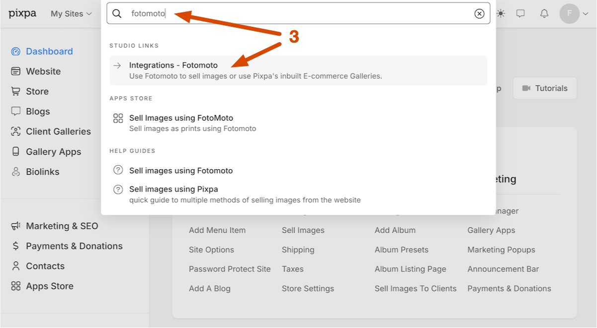 Search for Integrations - Fotomoto in Pixpa