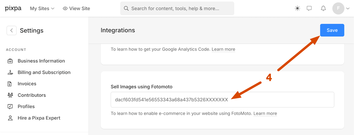 Paste the Fotomoto Script in to Pixpa