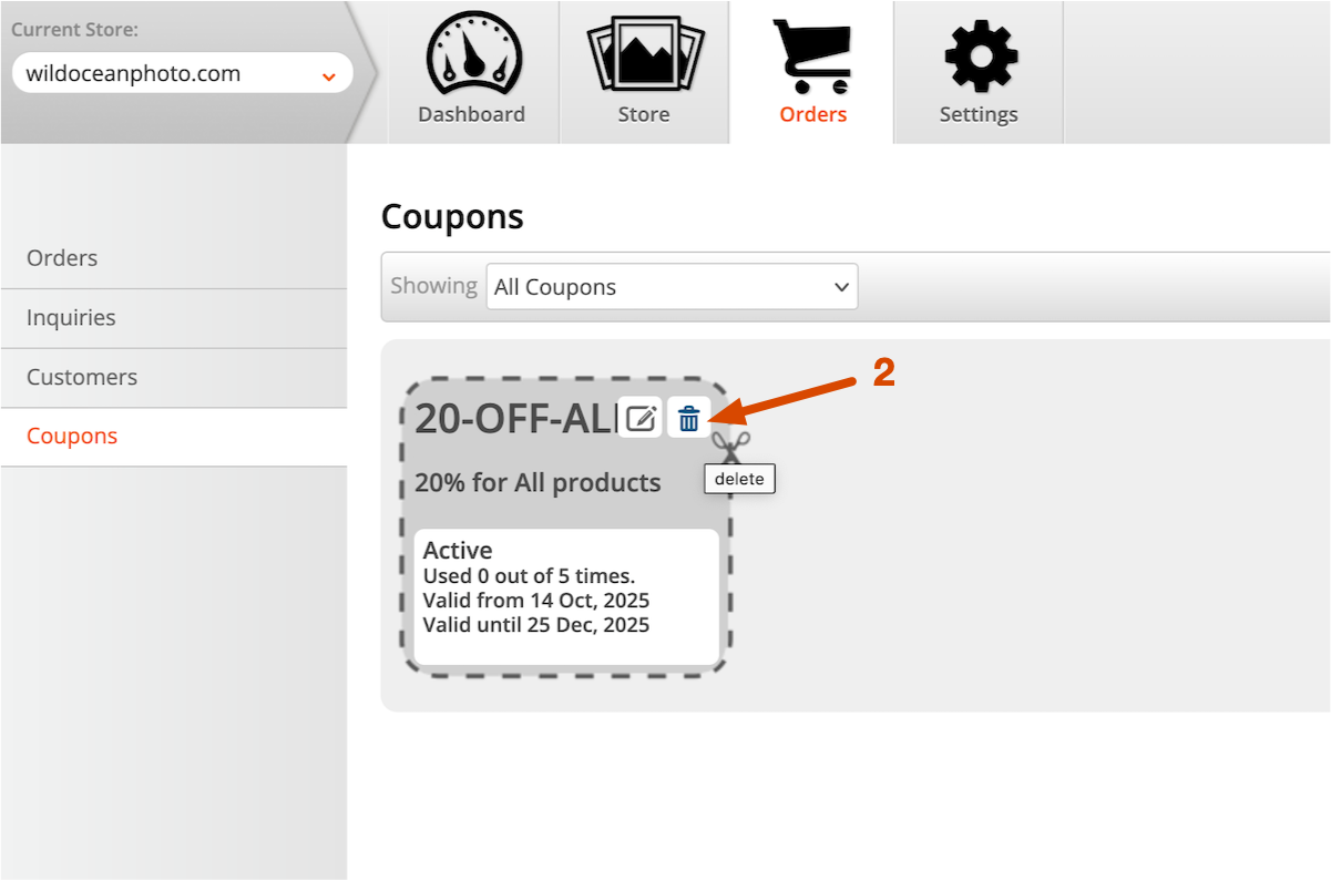 Delete a Coupon in the Fotomoto Dashboard
