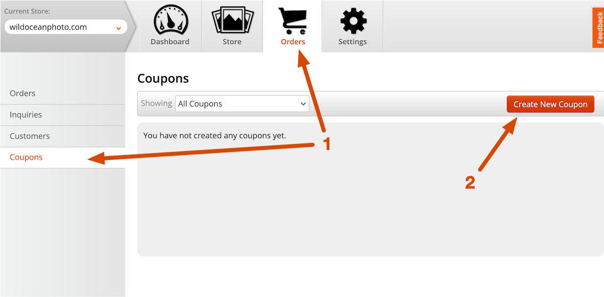 Coupon page in the Fotomoto Dashboard