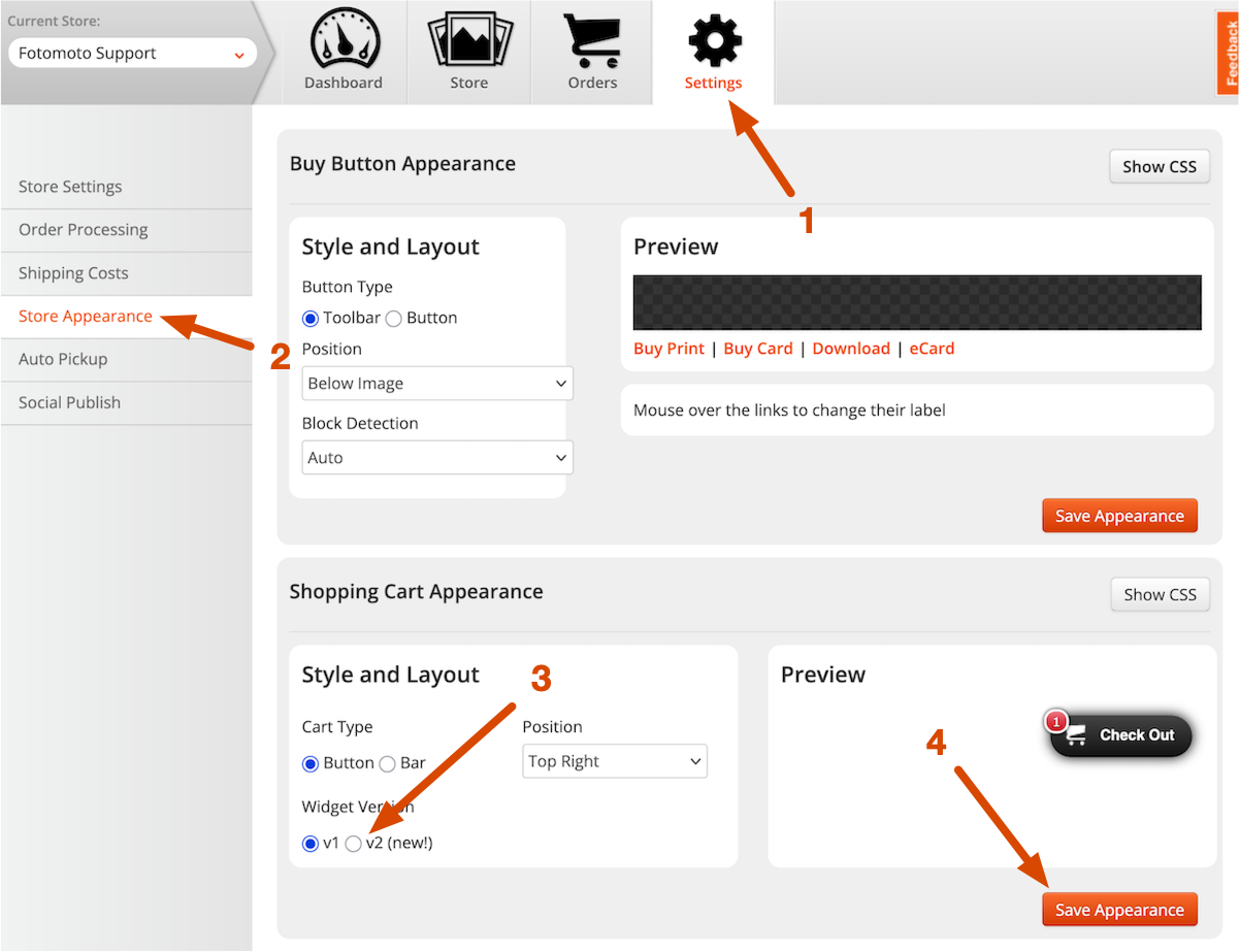 Screenshot showing where to change which version of the Fotomoto Widget is being used