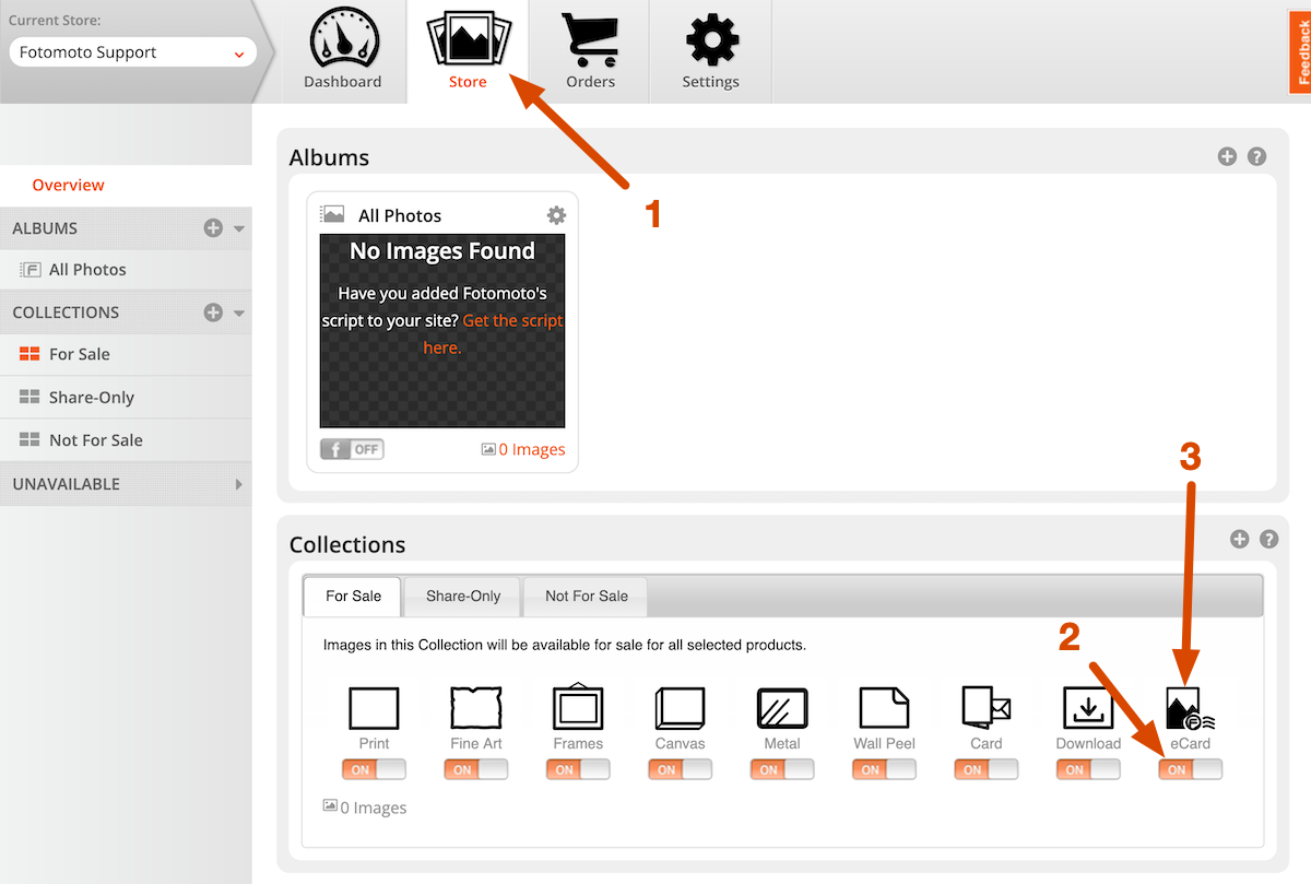 Enable eCards in the Fotomoto Dashboard