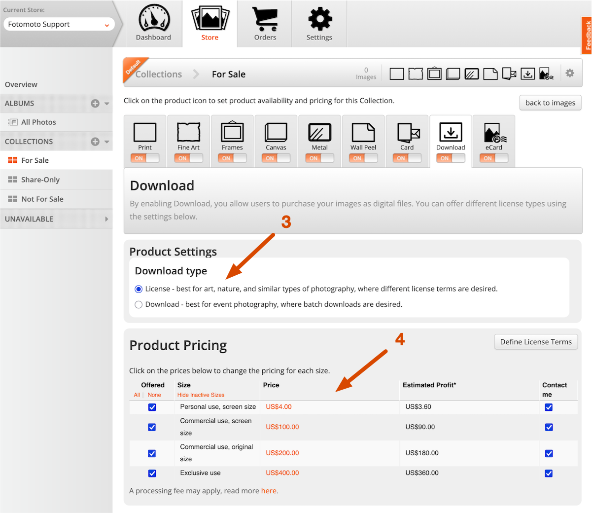 Screenshot of download product options in the Fotomoto Dashboard