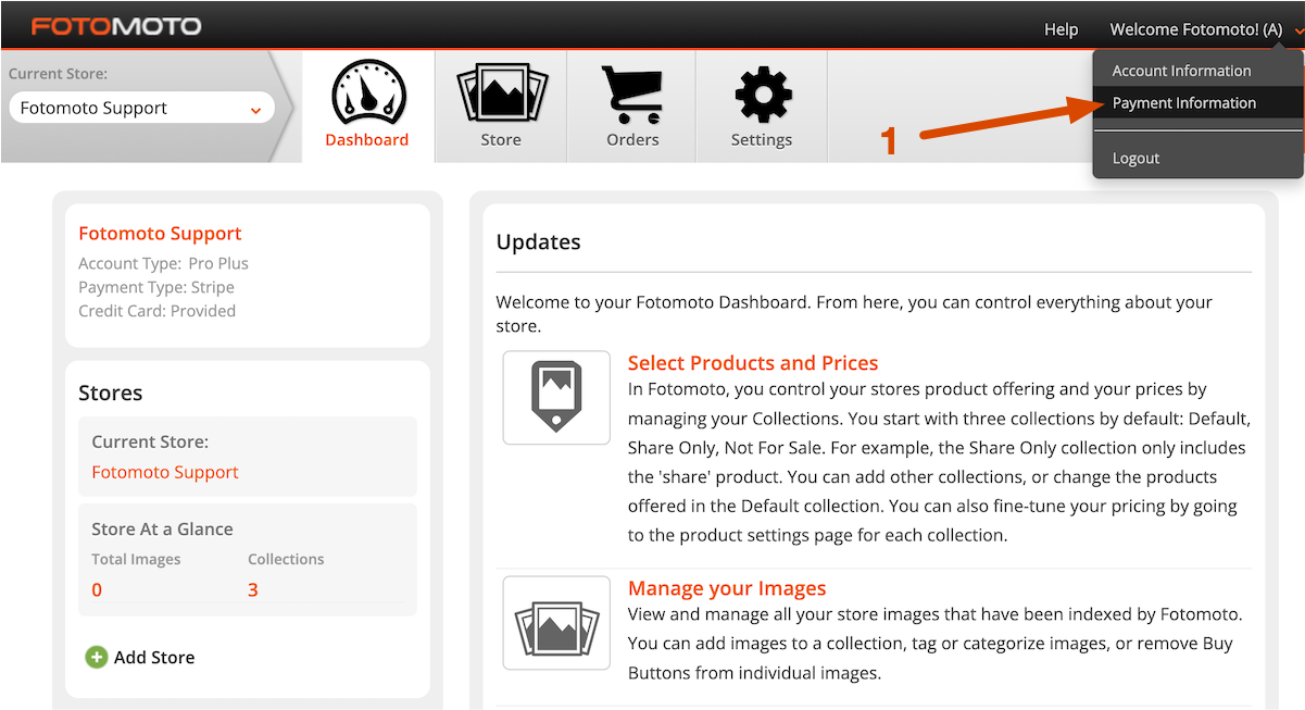Payment Information link in the Fotomoto Dashboard
