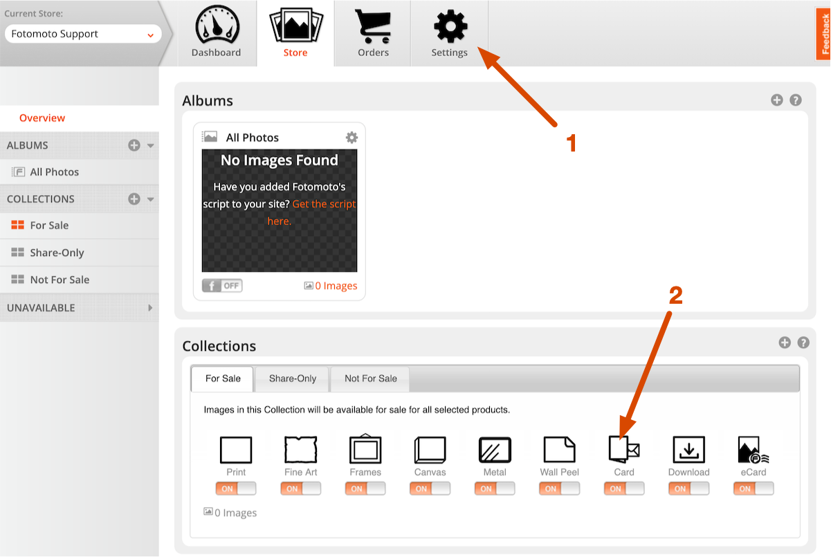 Go to Card product settings in the Fotomoto Dashboard