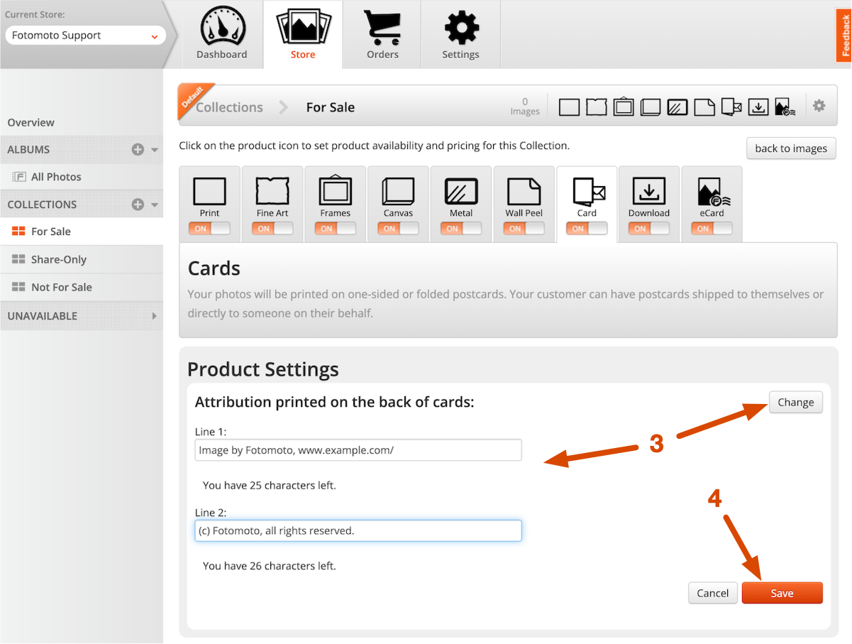 Change card copyright attribution in the Fotomoto Dashboard