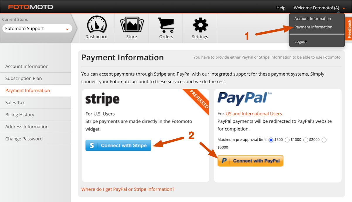 Screenshot of payment account page in Fotomoto Dashboard