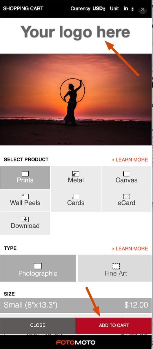 Screenshot of the Fotomoto Widget with a custom logo and add to cart button color