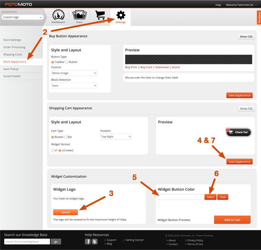 Screenshot of the customize widget settings in the Fotomoto Dashboard