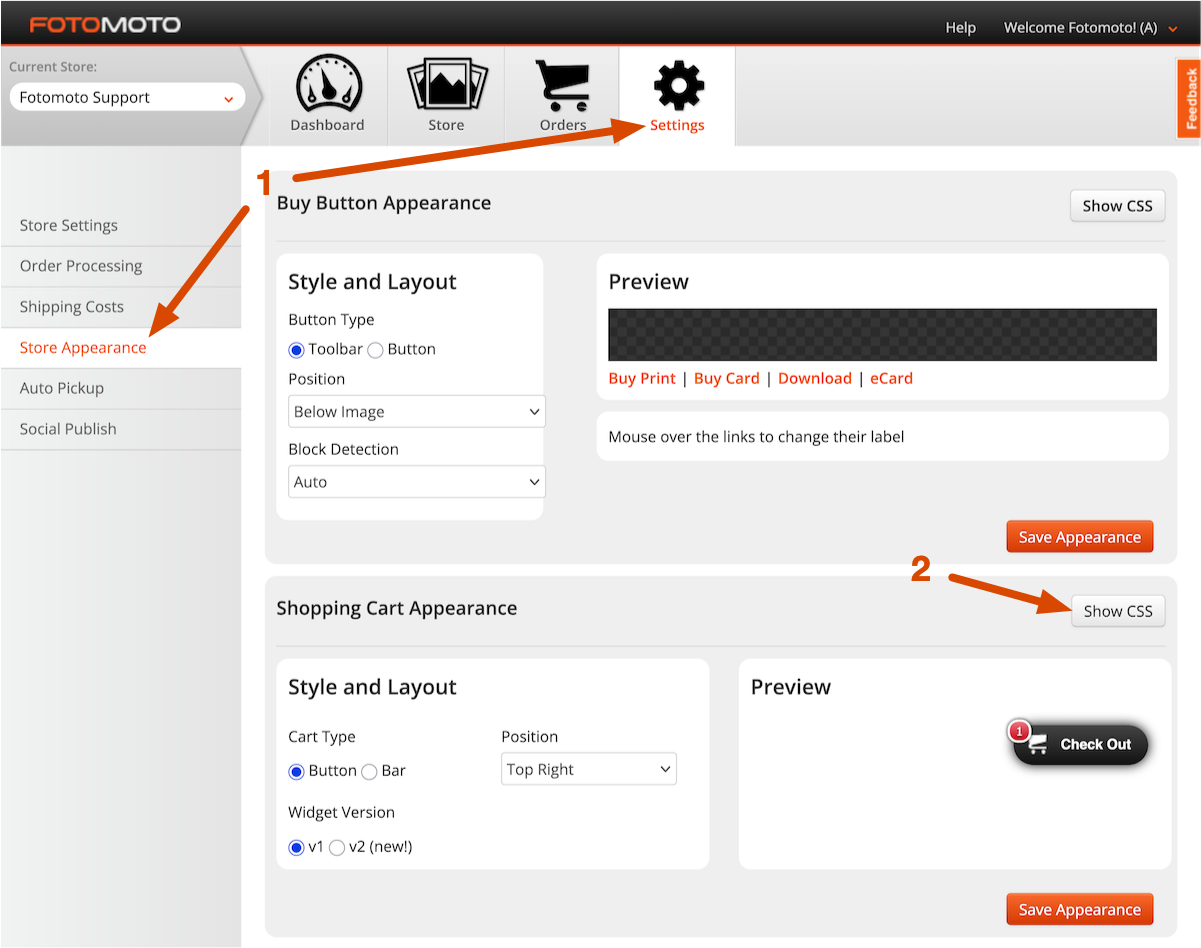 Screenshot of the Store Appearance page in the Fotomoto Dashboard