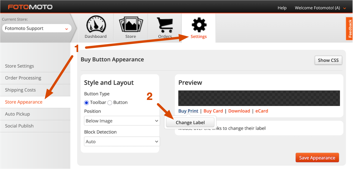 Screenshot of changing the Buy Button text in the Fotomoto Dashboard