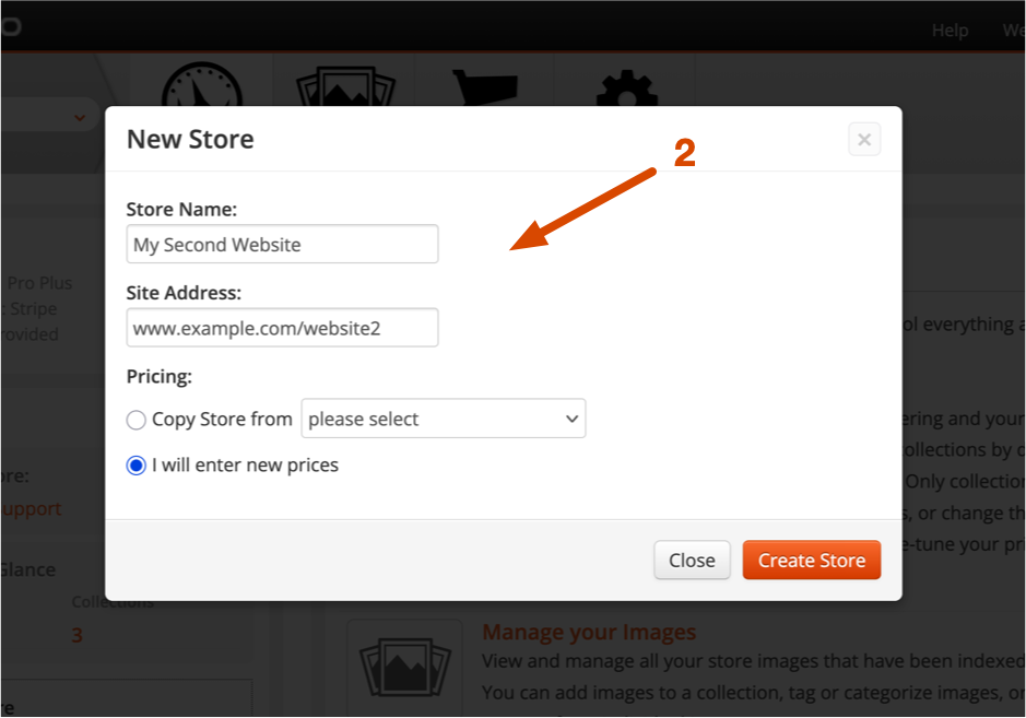Screenshot of the New Store form in the Fotomoto Dashboard