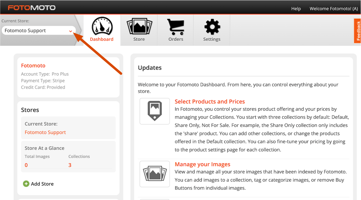 Screenshot of the Current Store selector in the Fotomoto Dashboard