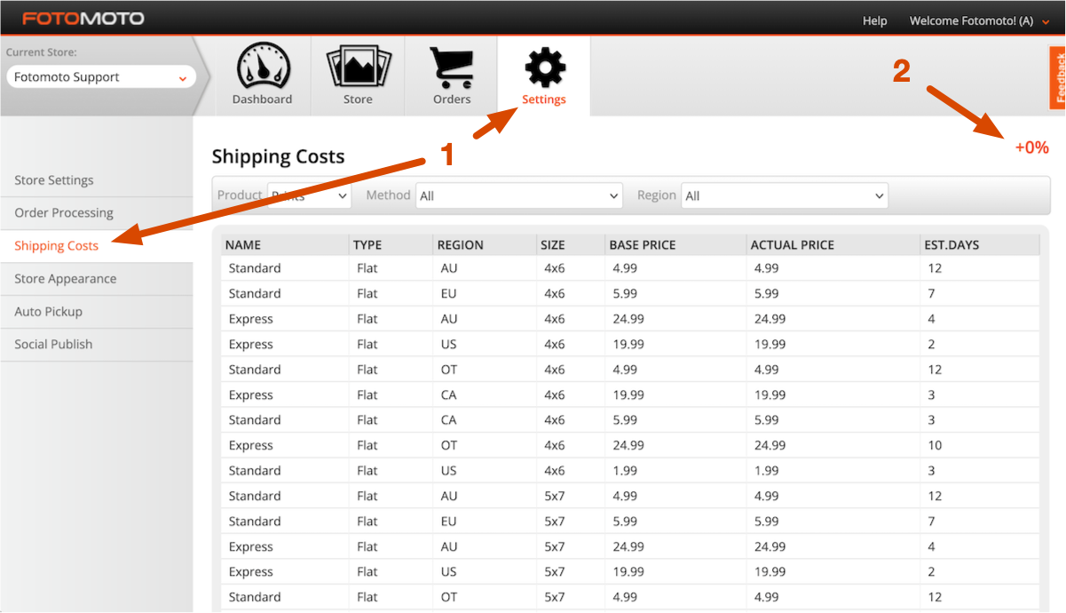 Screenshot of the Shipping Costs page in the Fotomoto Dashboard