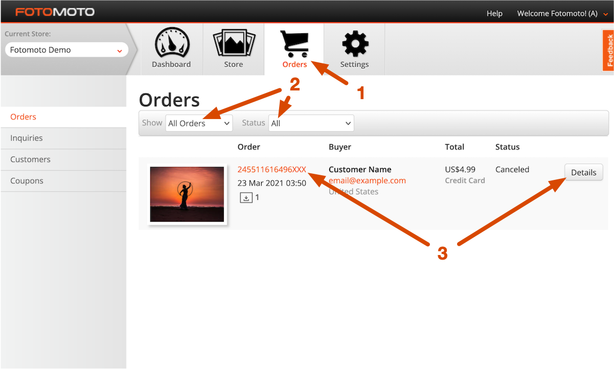 Screenshot showing how to view orders in your Fotomoto Dashboard