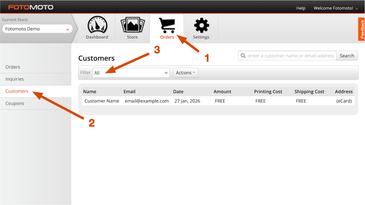 Screenshot of the Customers page in the Fotomoto Dashboard