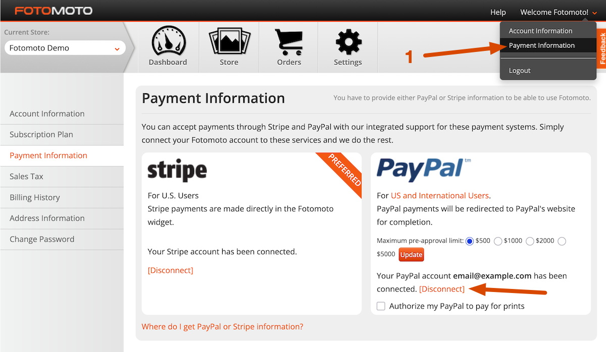 Disconnect PayPal account in the Fotomoto Dashboard