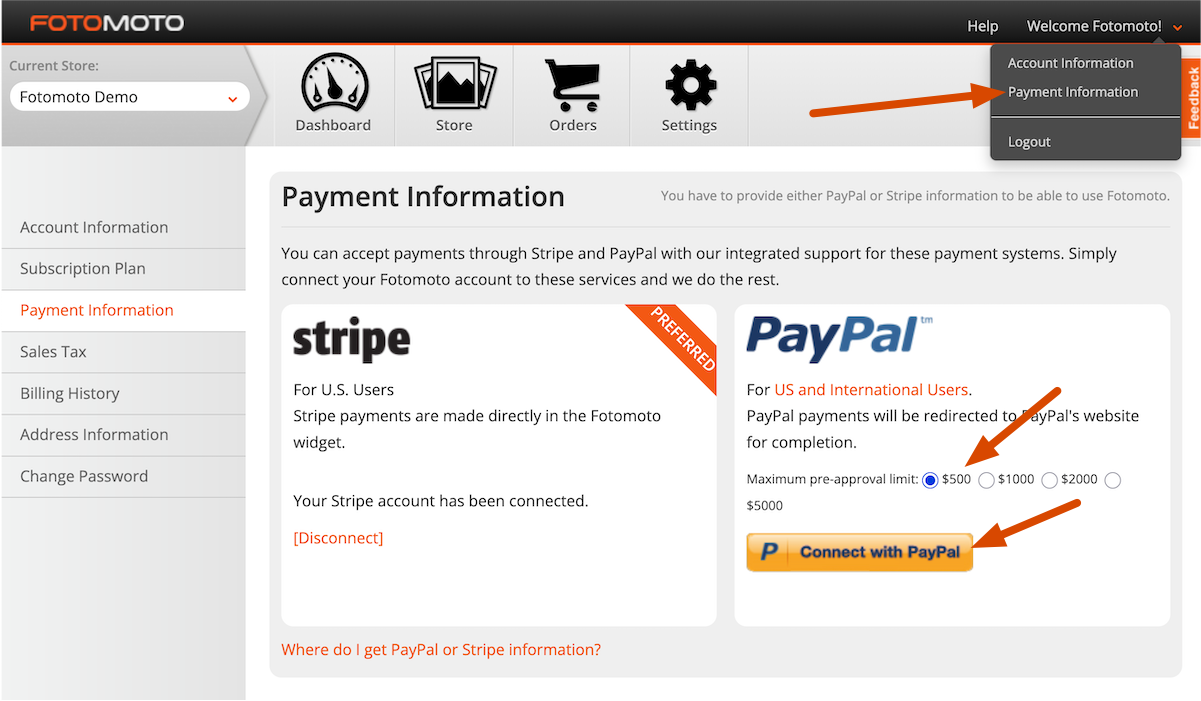 Set PayPal maximum pre-approval limit in the Fotomoto Dashboard