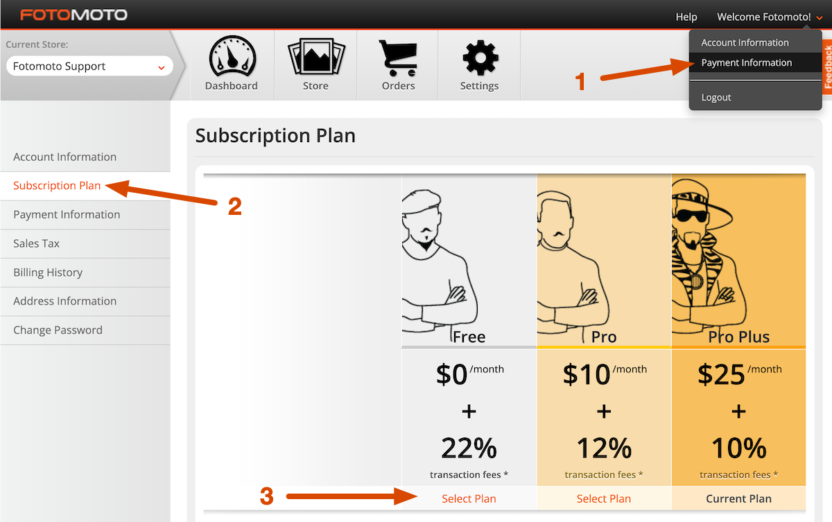 Screenshot of selecting a subscription plan in the Fotomoto Dashboard
