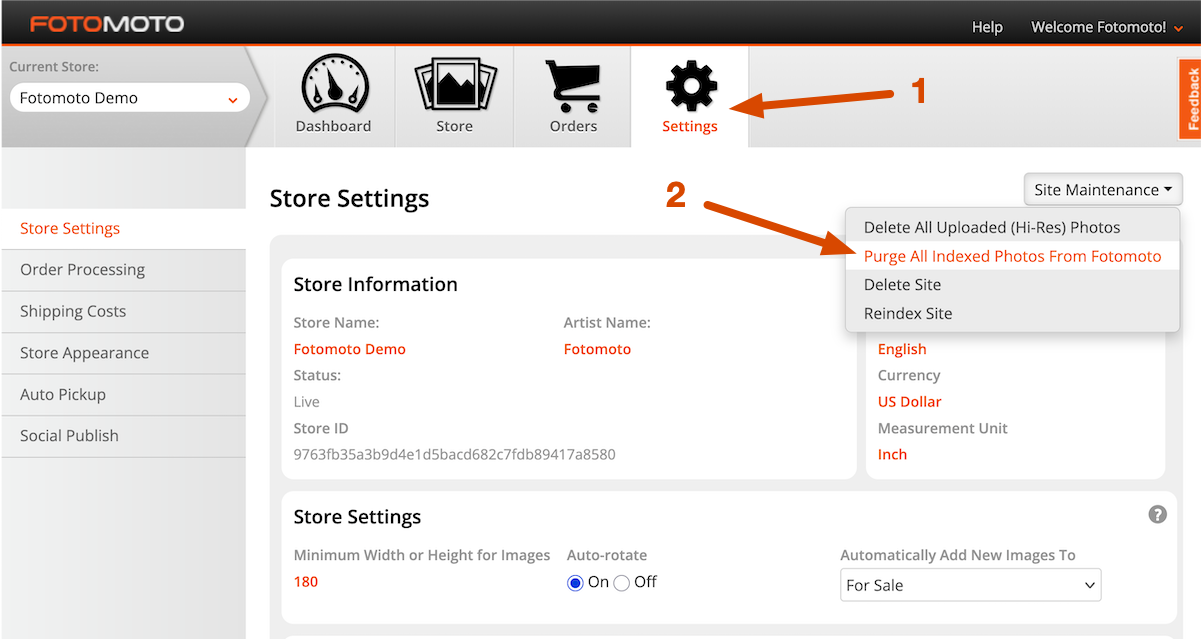 Screenshot of the Purge All Indexed Photos menu in the Fotomoto Dashboard