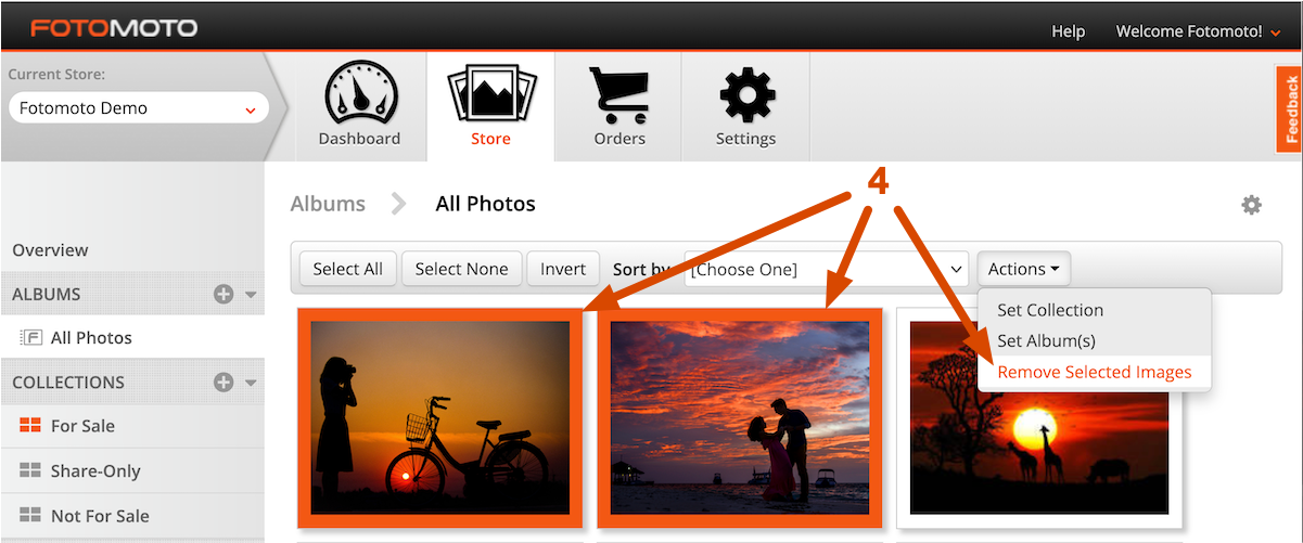 Screenshot of the Removed Selected Images option in the Fotomoto Dashboard