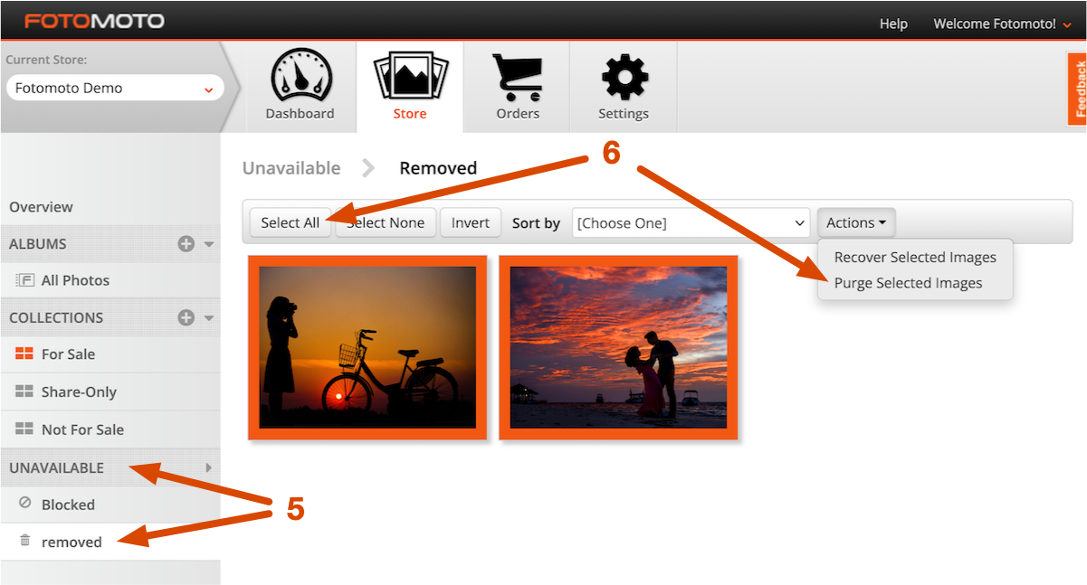 Screenshot of the Purge Selected Images option in the Fotomoto Dashboard