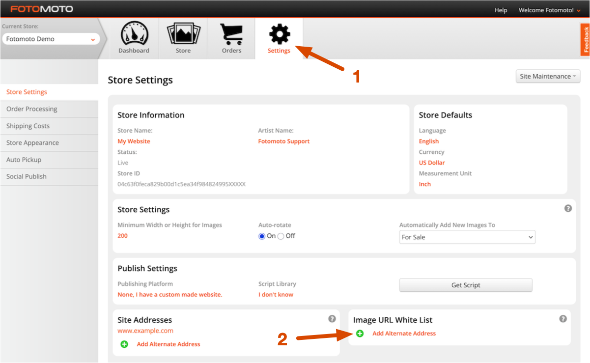 Screenshot of adding domain to URL Whitelist in the Fotomoto Dashboard