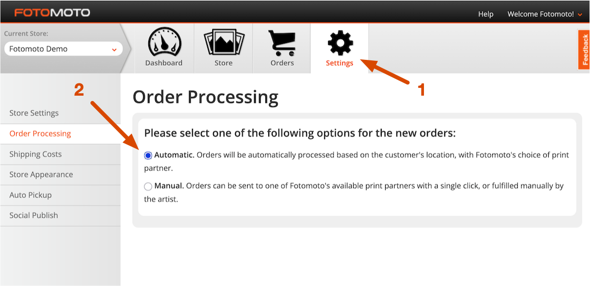Screenshot showing the Order Processing options in the Fotomoto Dashboard