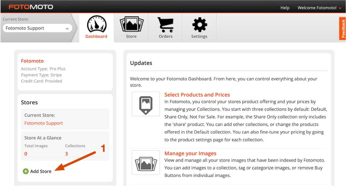 Screenshot of the Add Store link in the Fotomoto Dashboard