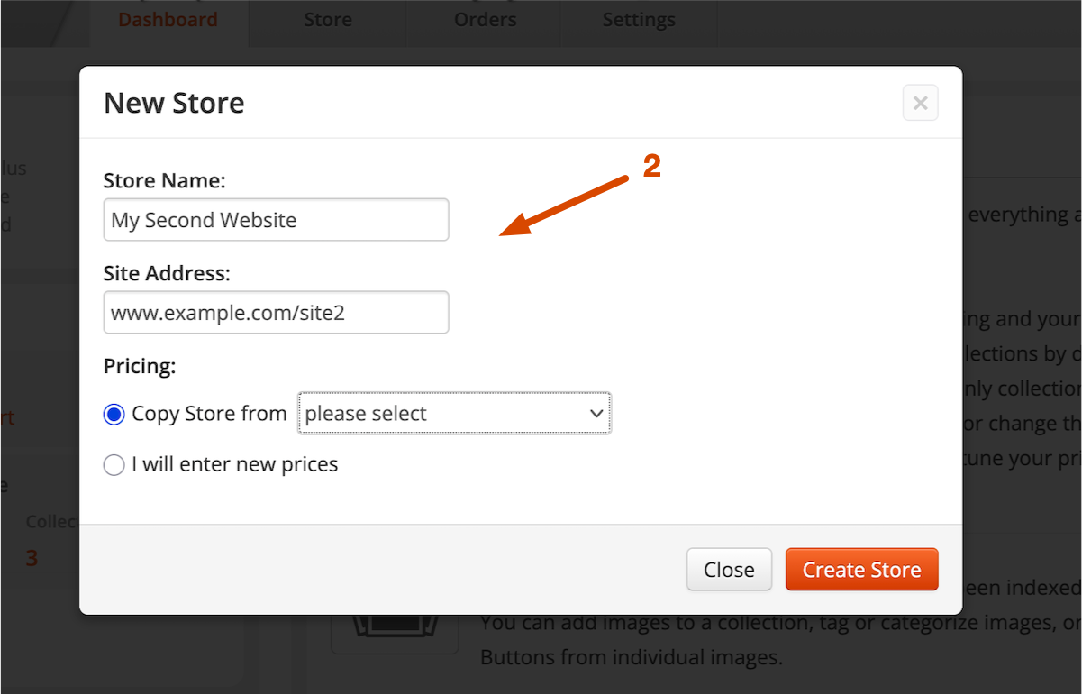 Screenshot of the New Store dialog box in the Fotomoto Dashboard