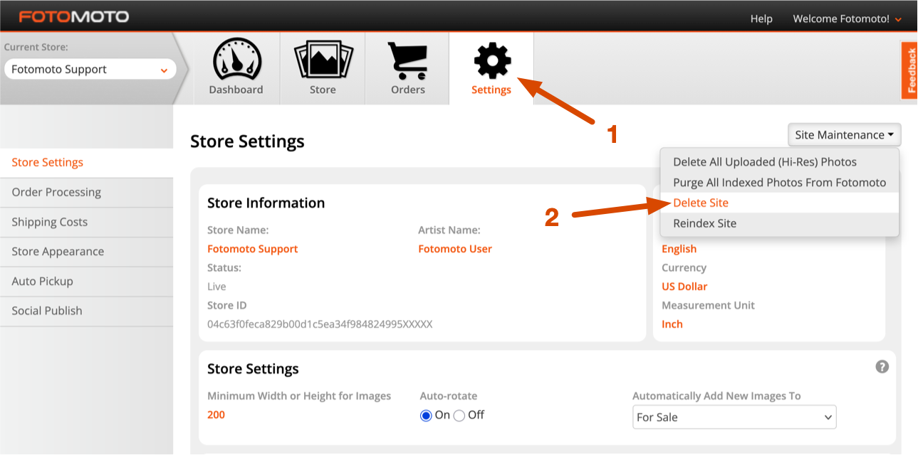 Screenshot of the Delete Site option in the Fotomoto Dashboard
