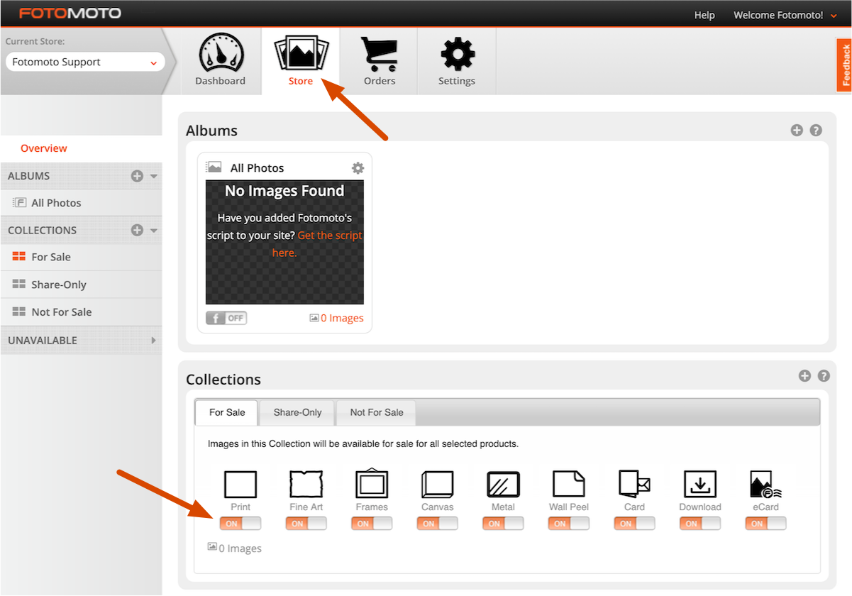 Screenshot showing the on and off buttons for products in the Fotomoto Dashboard