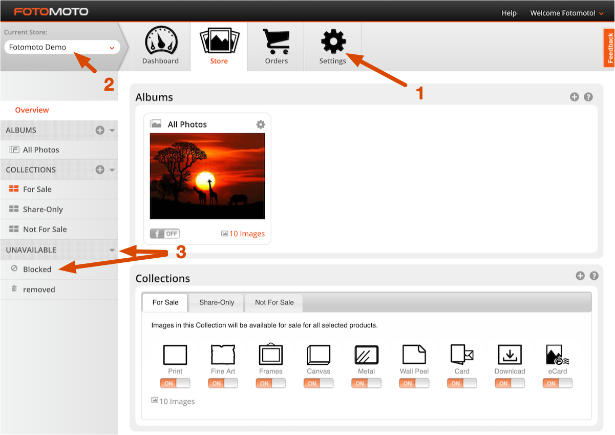 Blocked collection in the Fotomoto Dashboard