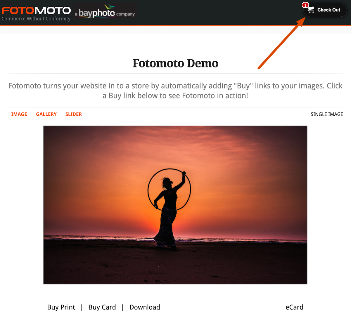 Screenshot of the Fotomoto shopping cart