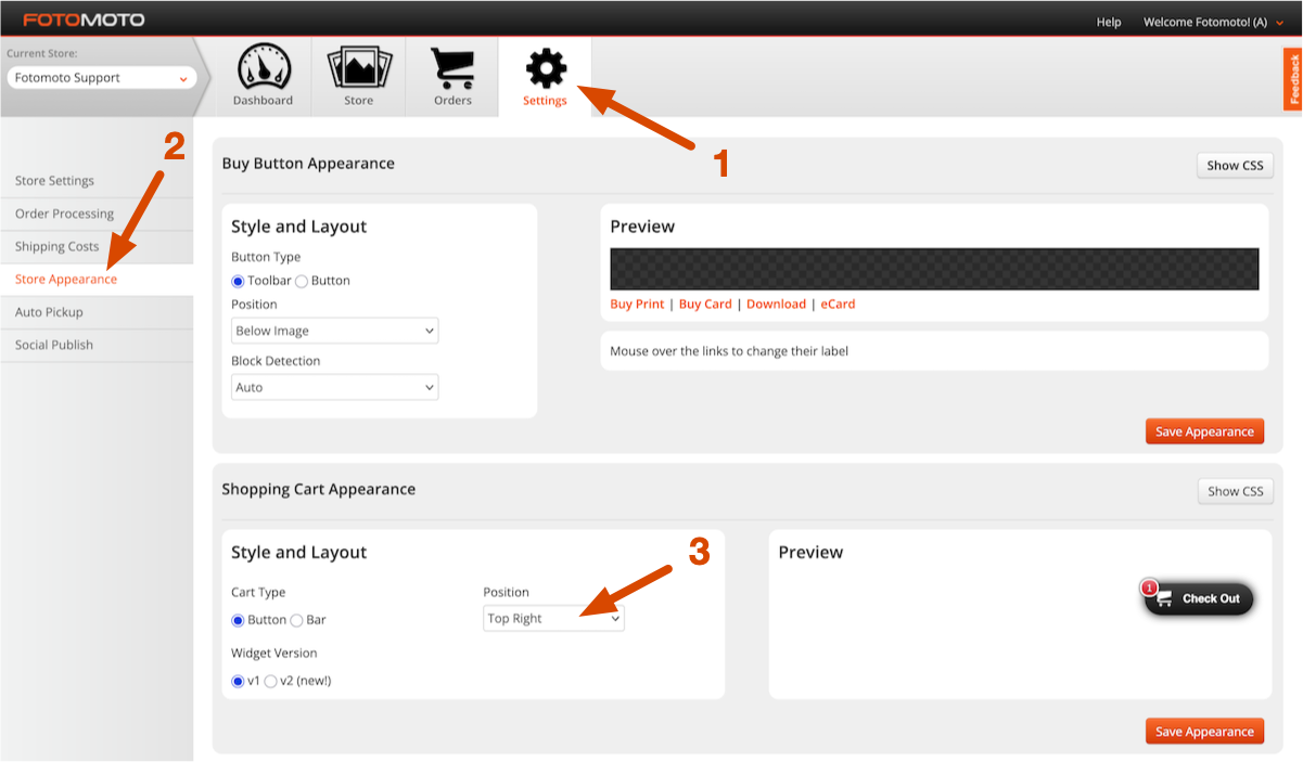 Shopping cart Position setting in the Fotomoto Dashboard