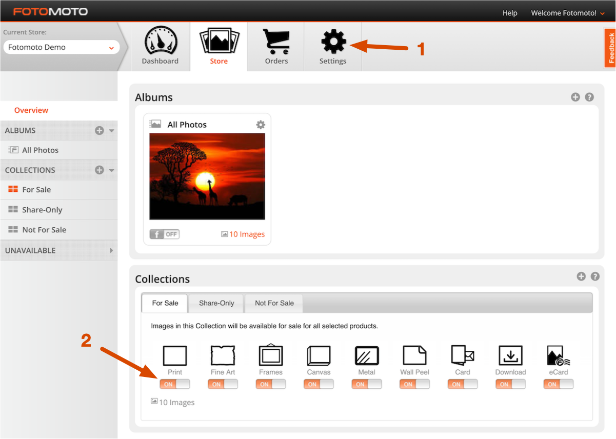 Screenshot of turning products on and off in the Fotomoto Dashboard