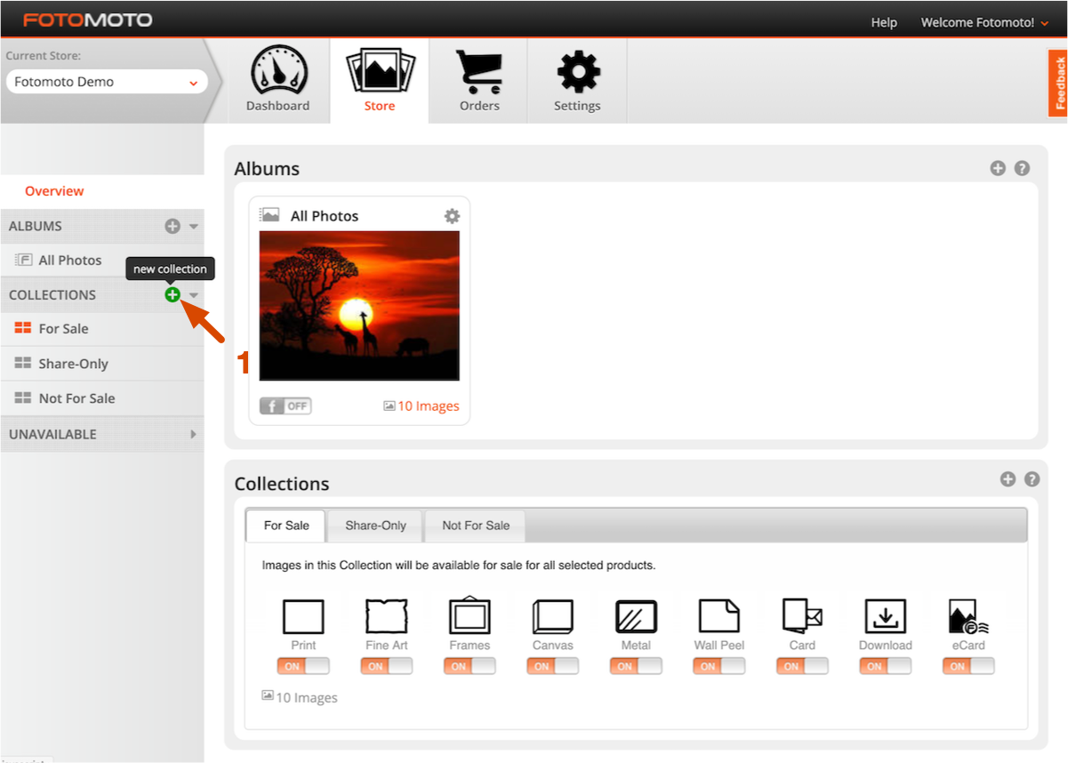 Screenshot of the add new collection button in the Fotomoto Dashboard