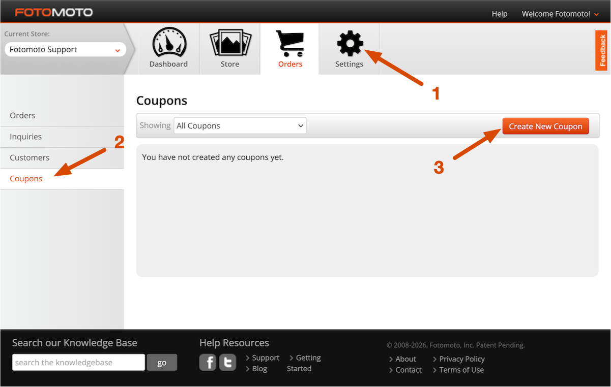Create coupon button in the Fotomoto Dashboard