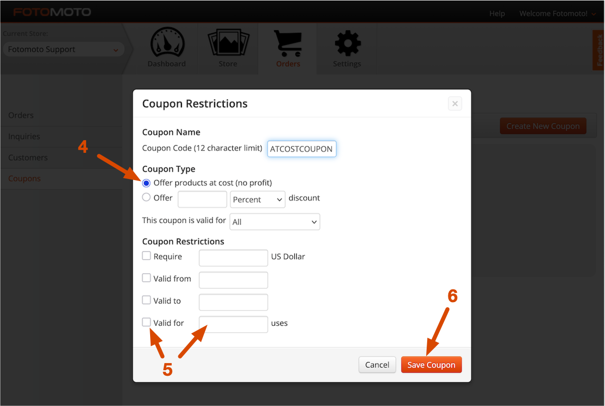 Enter coupon information in the Fotomoto Dashboard