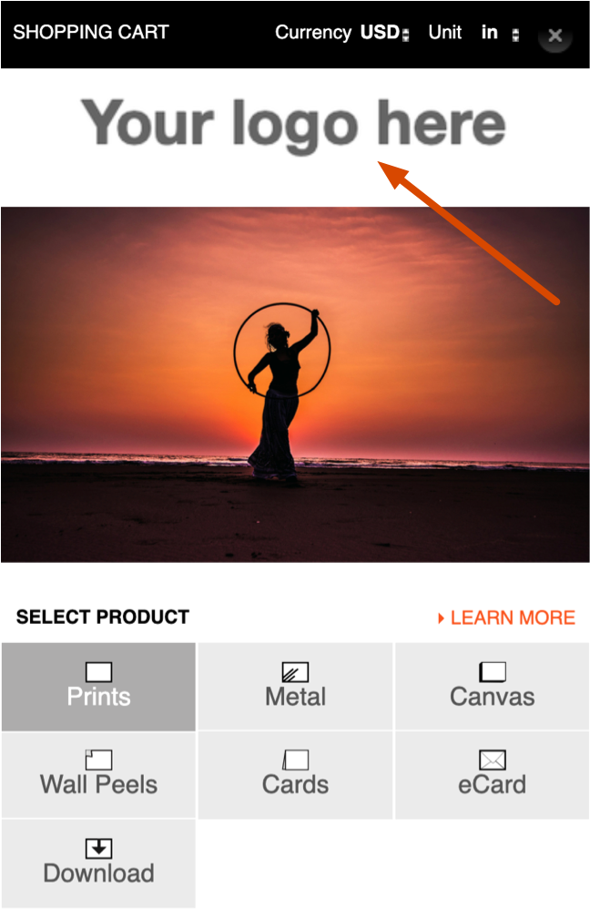 Custom logo shown in the Fotomoto Shopping Cart Widget