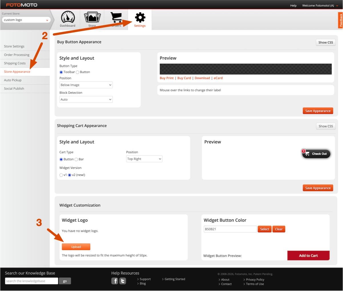 Screenshot of the customize widget settings in the Fotomoto Dashboard