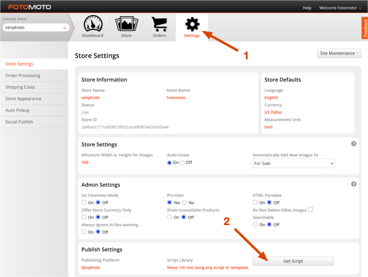 Copy the Fotomoto Script from the Settings page of the Fotomoto Dashboard