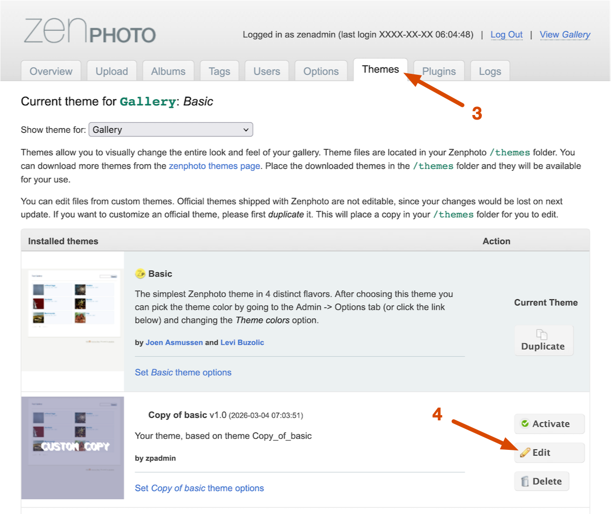 Edit the desired Zenphoto theme