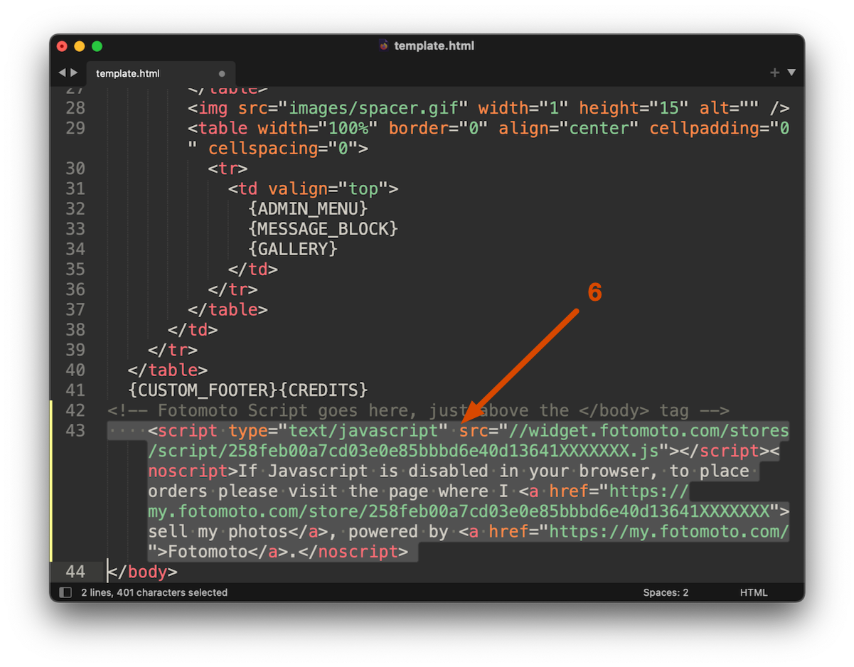 Fotomoto Script pasted in to the theme template.html file